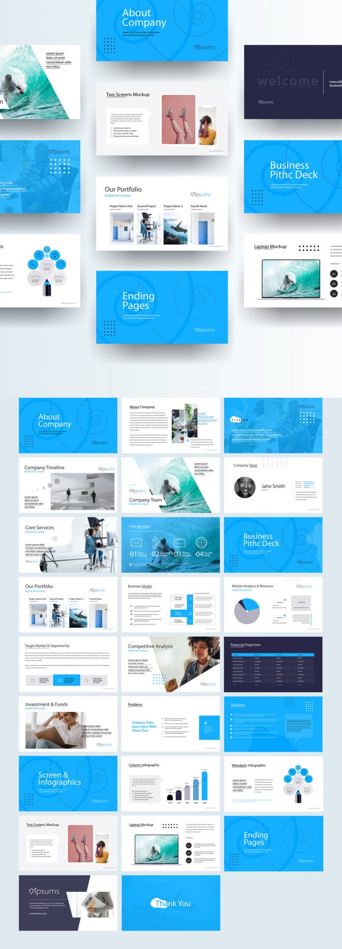 Business Pitch Deck Presentation Layout with Blue Accents