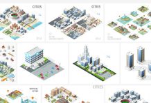 Isometric vector graphics of buildings, diverse objects, and city maps.