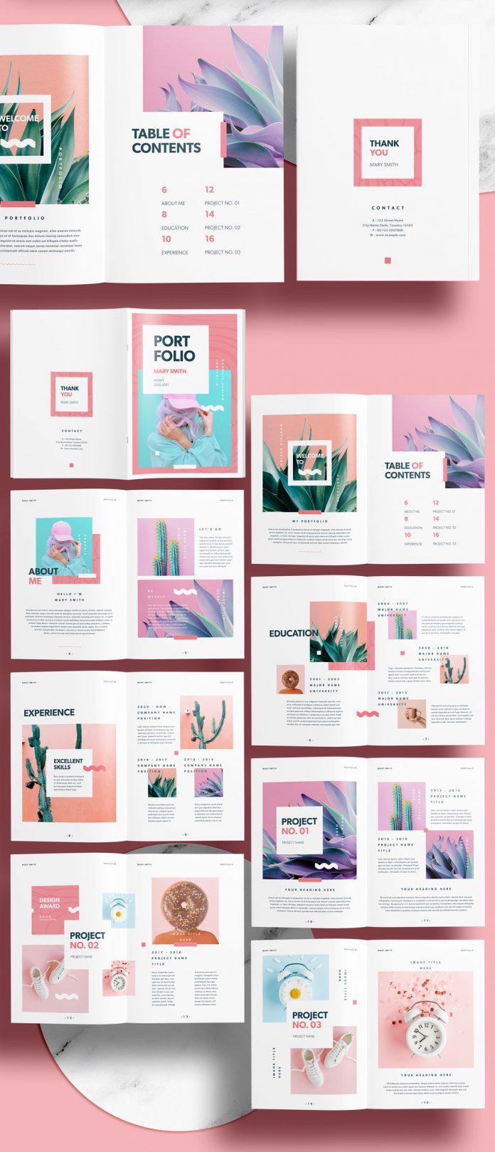 Portfolio template with pink accents.