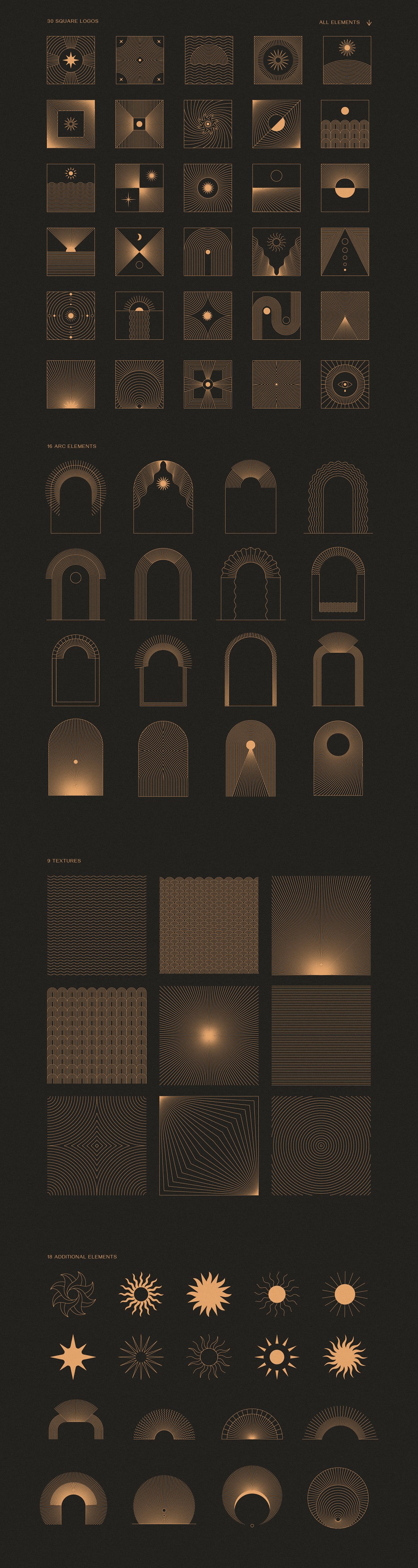 Abstract boho line graphics for logos, icons, and symbols.