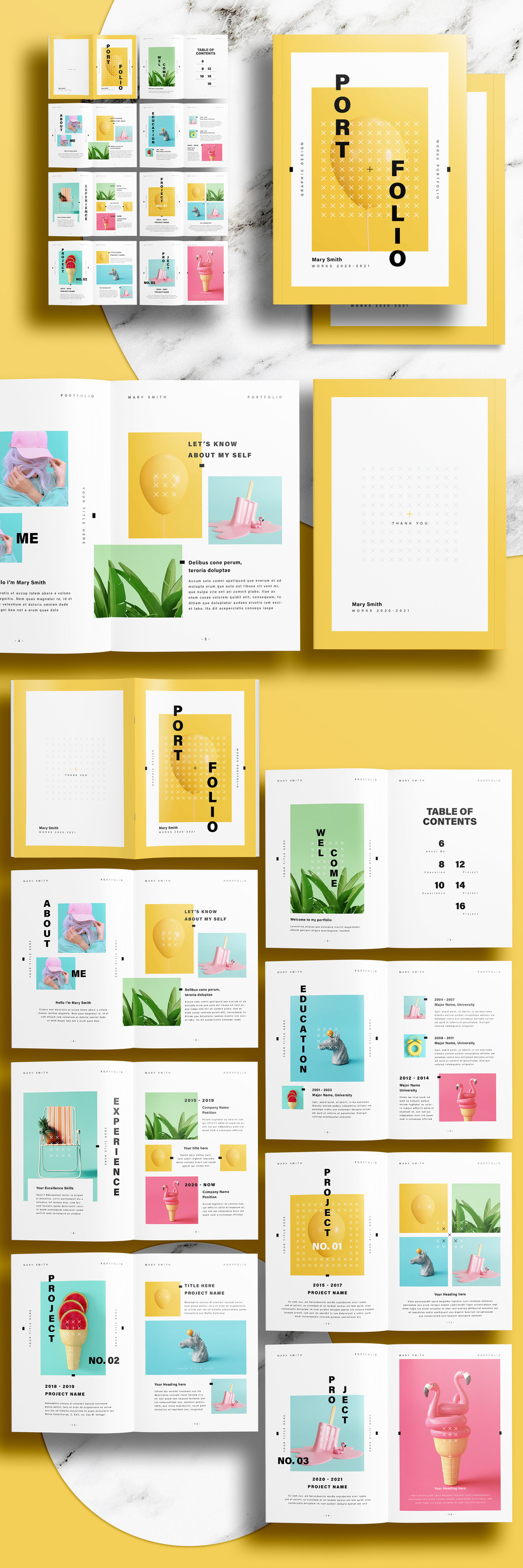 Portfolio InDesign Layout with Yellow Accents