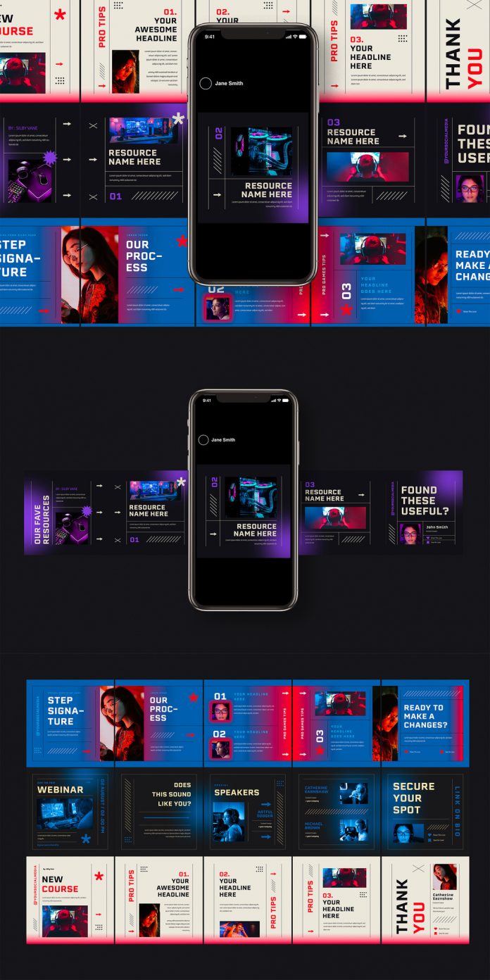 Retro futuristic Instagram carousel template for Adobe Illustrator.