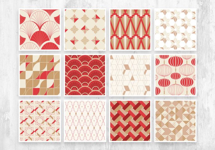 Seamless Red and Gold Art Deco Chinoiserie Pattern with Geometric Shapes