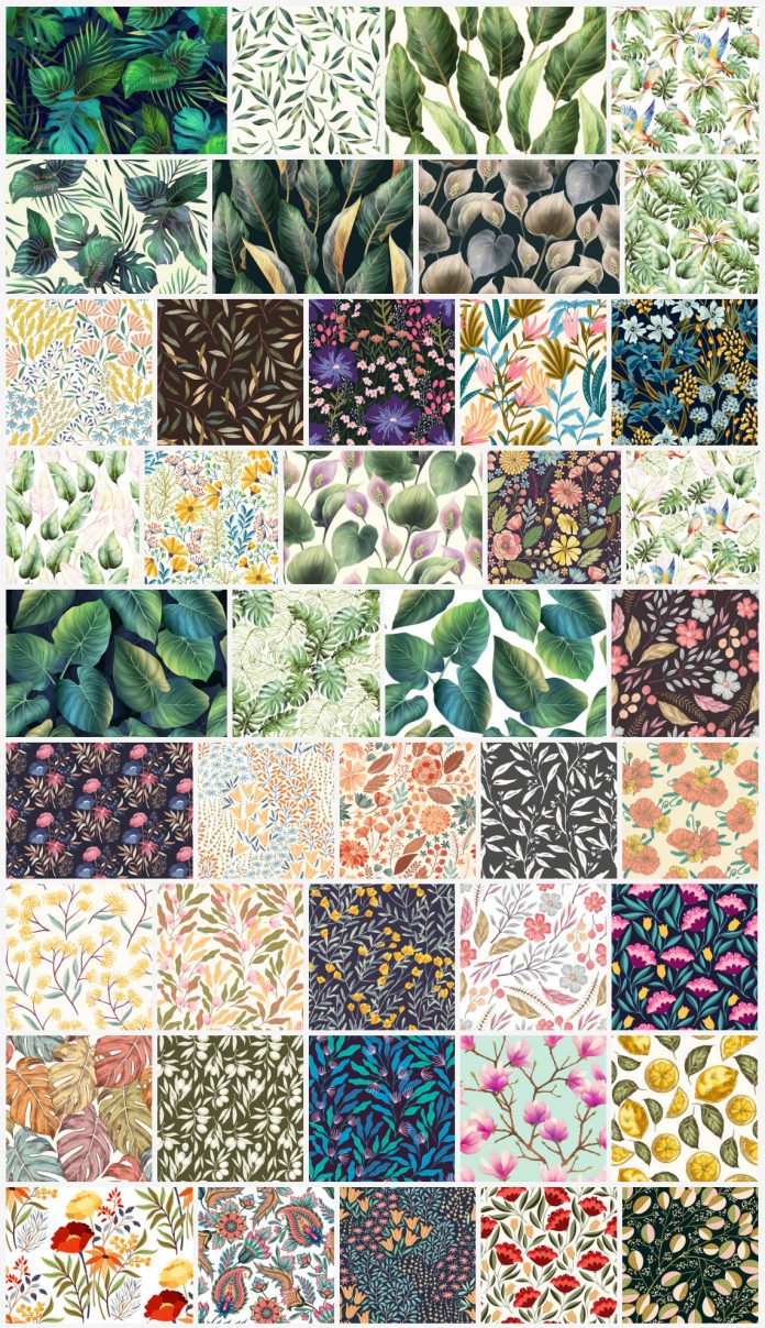 Floral vector background patterns of leaves and flowers.