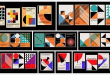Postmodernism and Bauhaus-inspired vector graphics of geometric shapes including minimalist posters and background patterns.