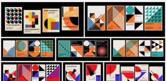 Postmodernism and Bauhaus-inspired vector graphics of geometric shapes including minimalist posters and background patterns.