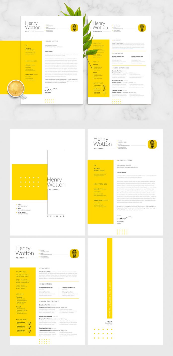 Modern and minimal resume, CV, and cover letter InDesign templates with yellow accents.