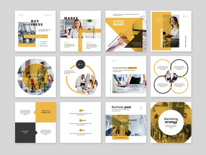 Clean Business Social Media Templates with Graphic Shapes and Yellow Accents