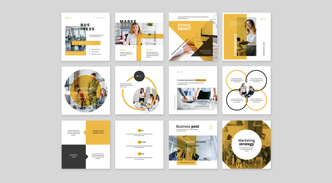 Clean Business Social Media Templates with Graphic Shapes and Yellow Accents Clean Business Social Media Templates with Graphic Shapes and Yellow Accents