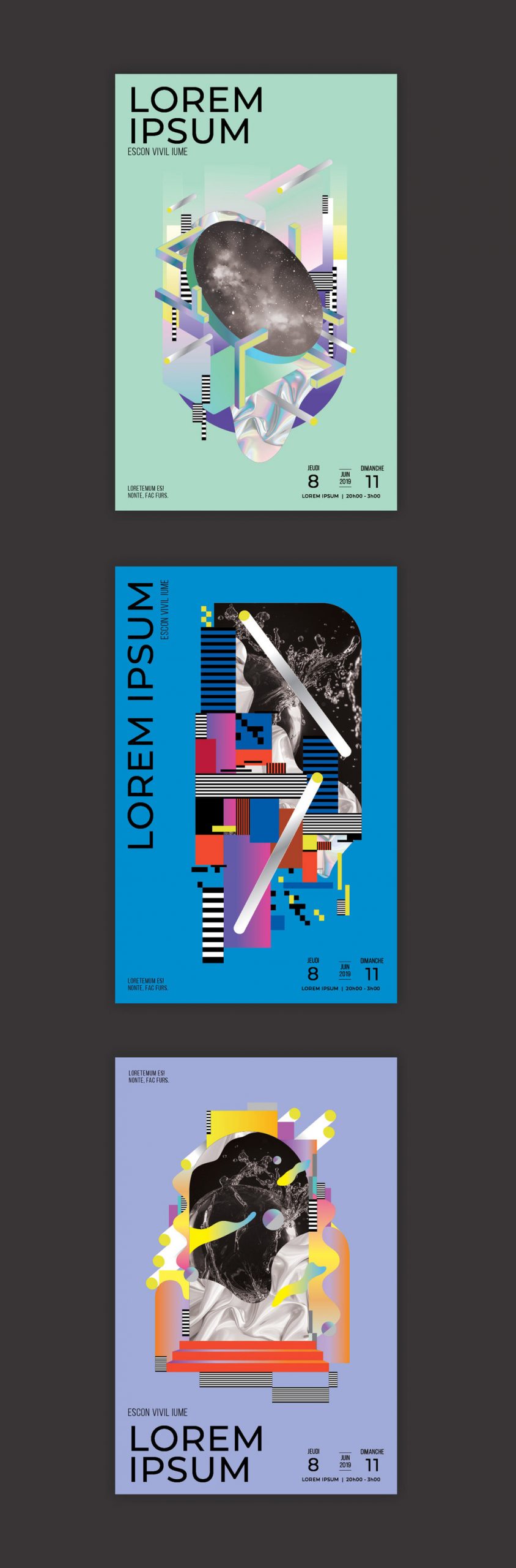 Three futuristic poster templates by Design Army.