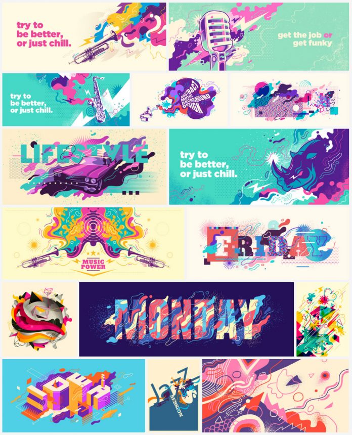 Colorfully illustrated vector backgrounds for hero header images or poster designs.