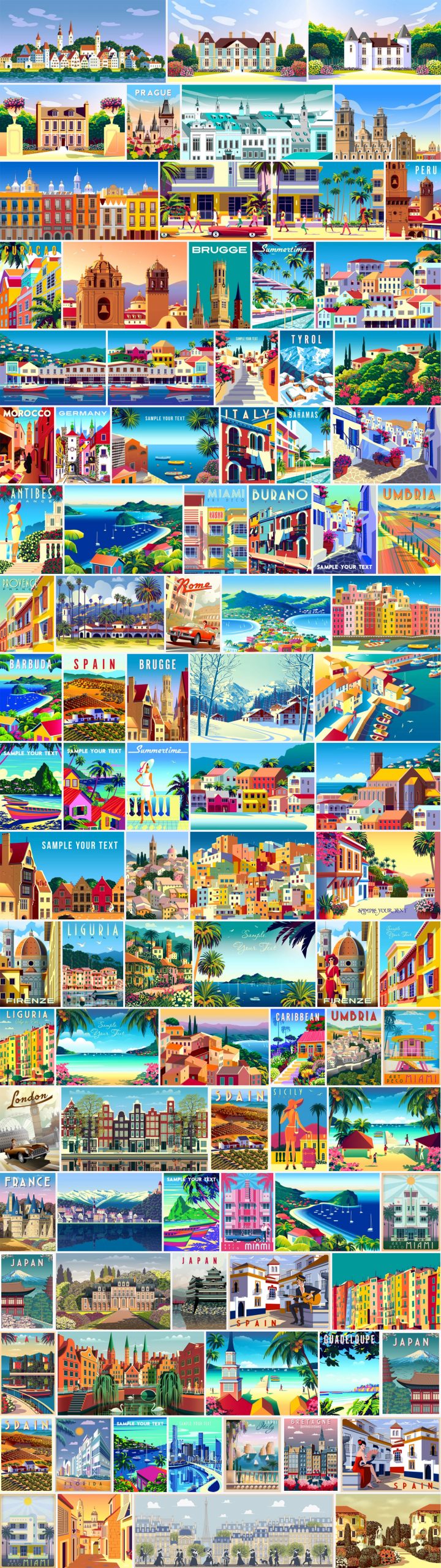 Vintage-inspired travel illustrations available for download as fully editable vector graphics
