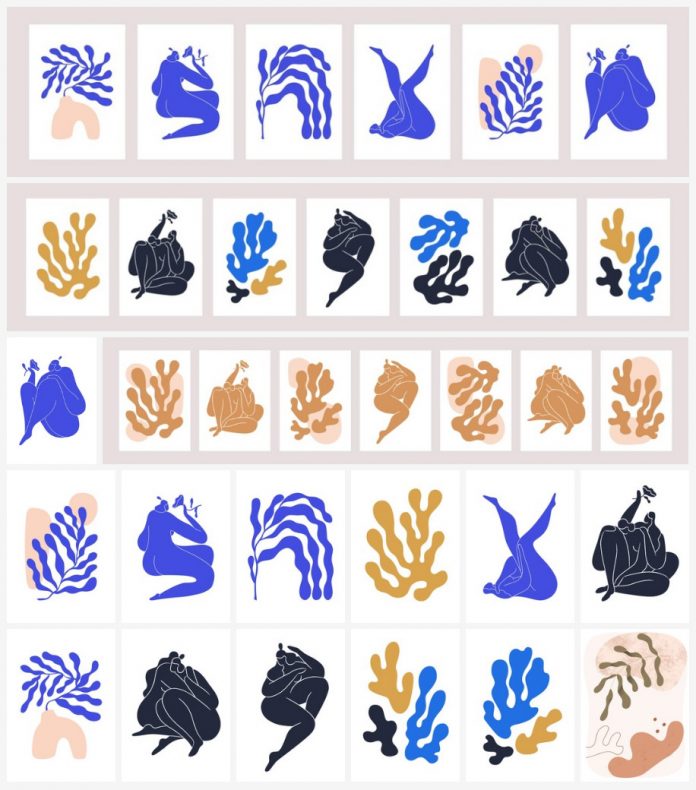 Download vector graphics of Matisse-inspired modern poster illustrations with semi-abstract women and branches.