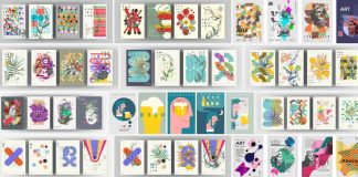Editable graphic poster templates with abstract geometric shapes in different colors.