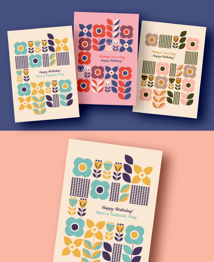 Birthday Card Templates with Flat Floral Vector Graphics