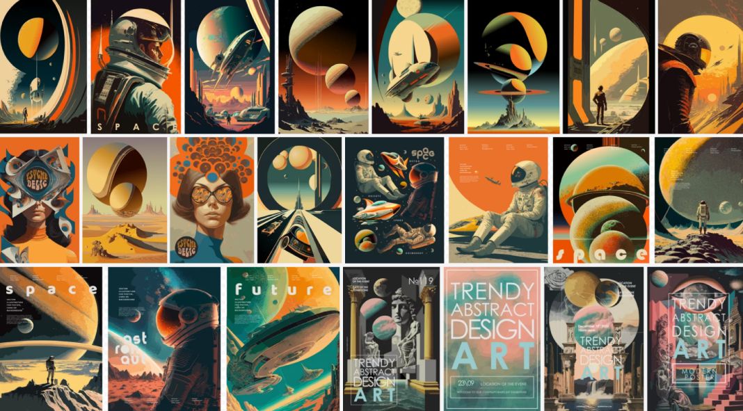 Retro-futuristic sci-fi illustrations and graphics for posters, backgrounds, cover art, and more.