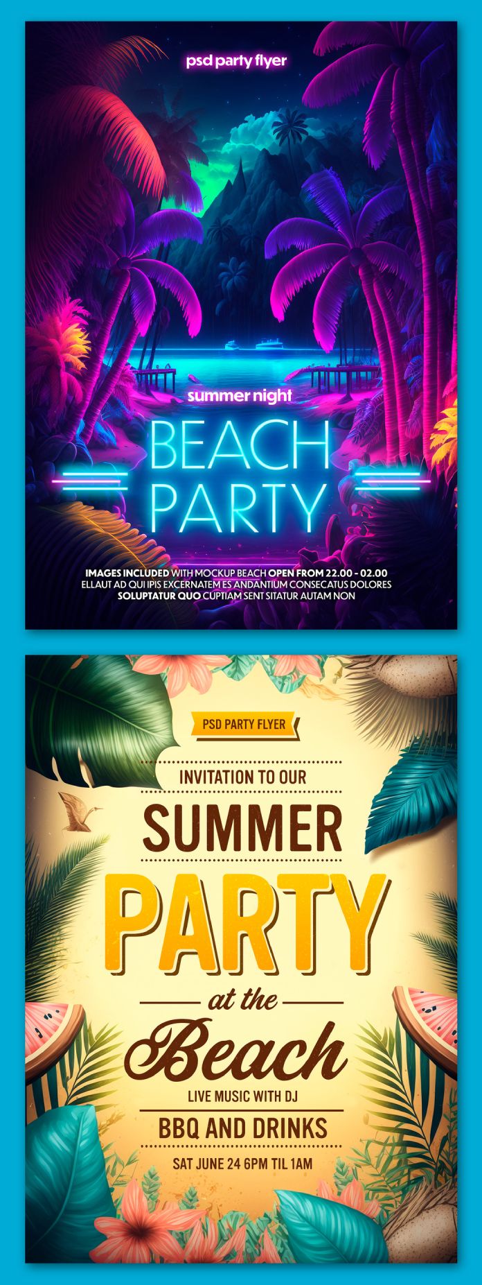 Summer beach party flyer mockups for Adobe Photoshop
