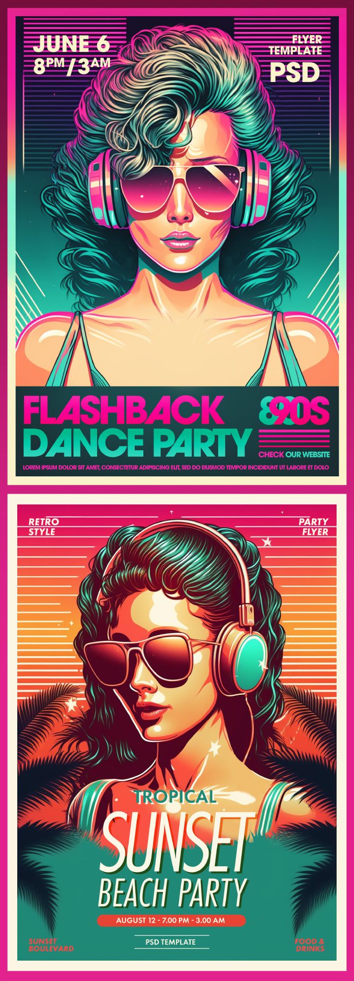 80s and 90s retro-style flyer templates for Adobe Photoshop