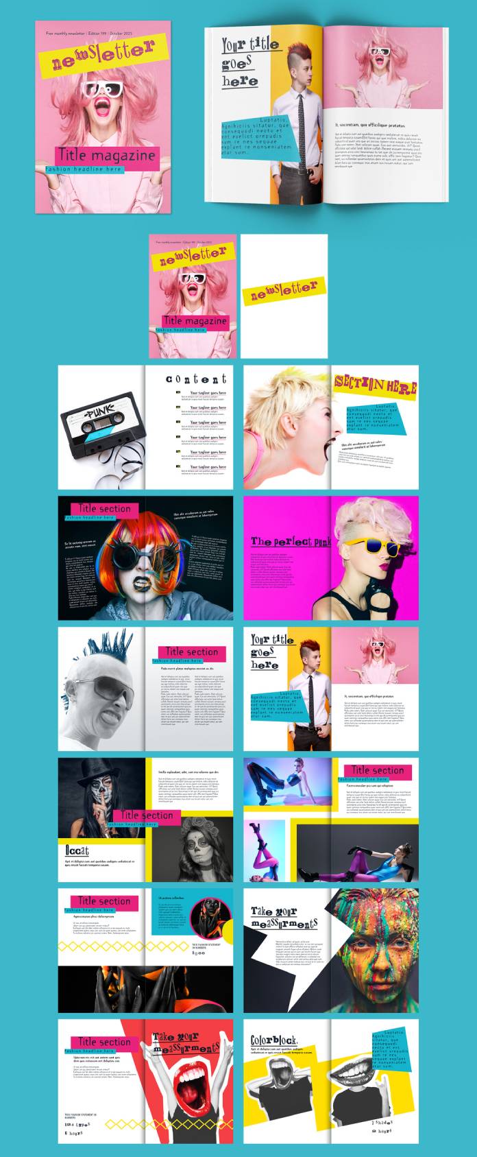 Download a compact newsletter or magazine template in a punky 90s retro style.