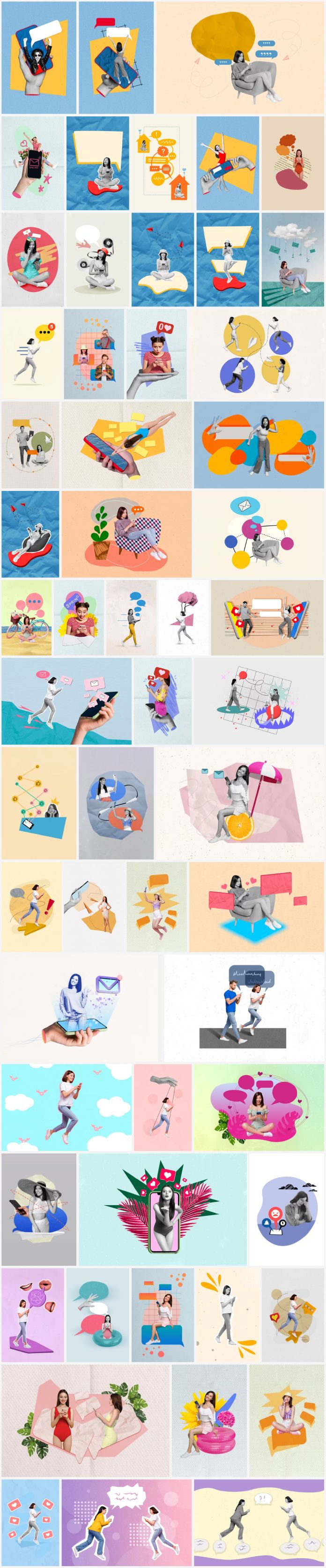 Artistic collages of photos and graphics for social media and other graphic design projects.
