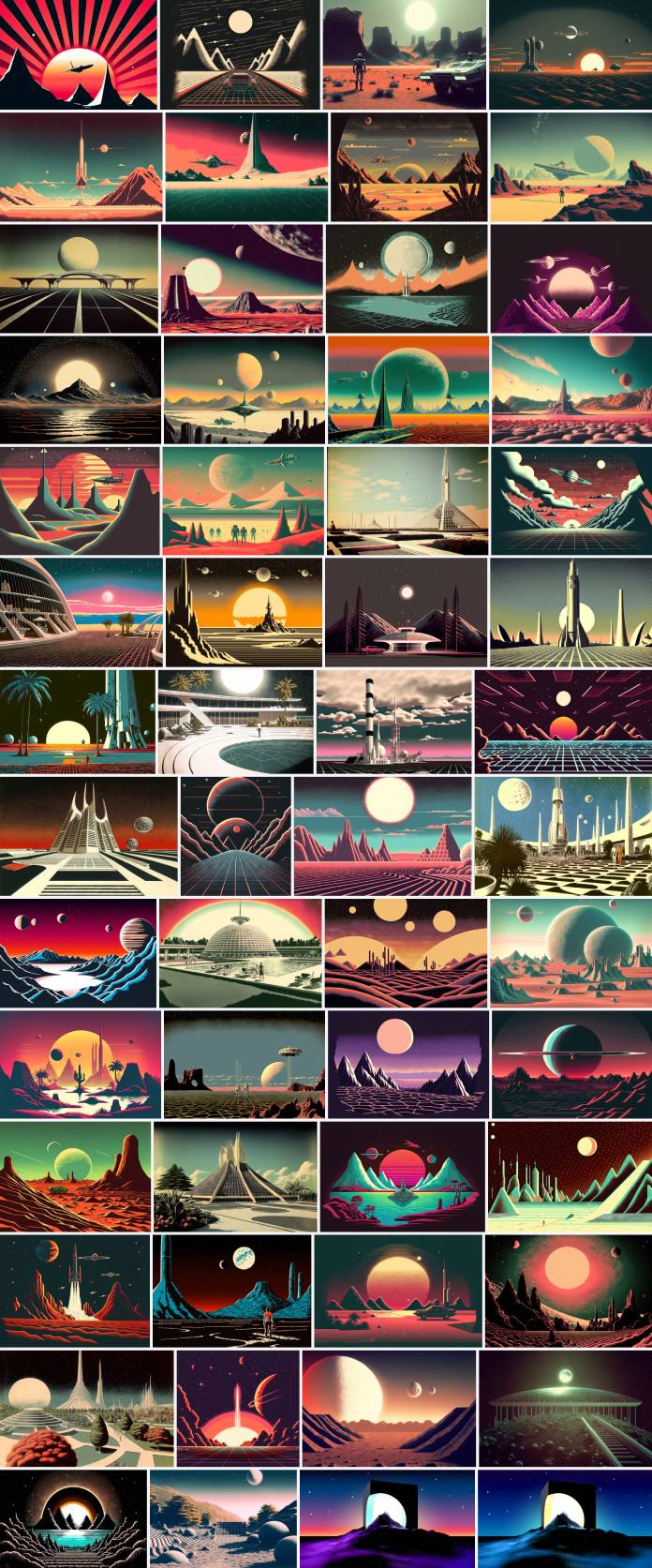 Download retro-futuristic AI generated images of sci-fi landscapes.