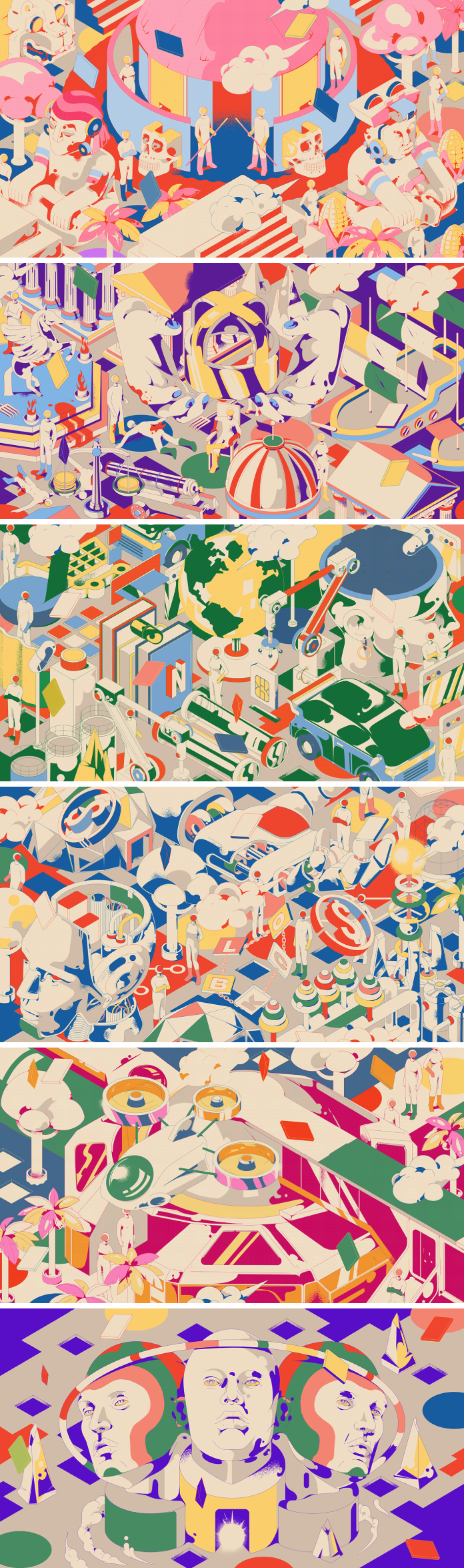 An illustration series by Carlos Mario based on the evolution of consciousness and the historical context.