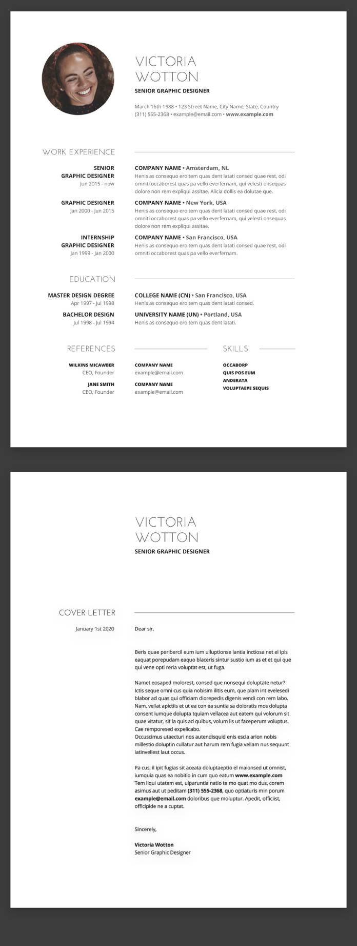 Modern and Minimalist Resume and Cover Letter Template for Adobe InDesign