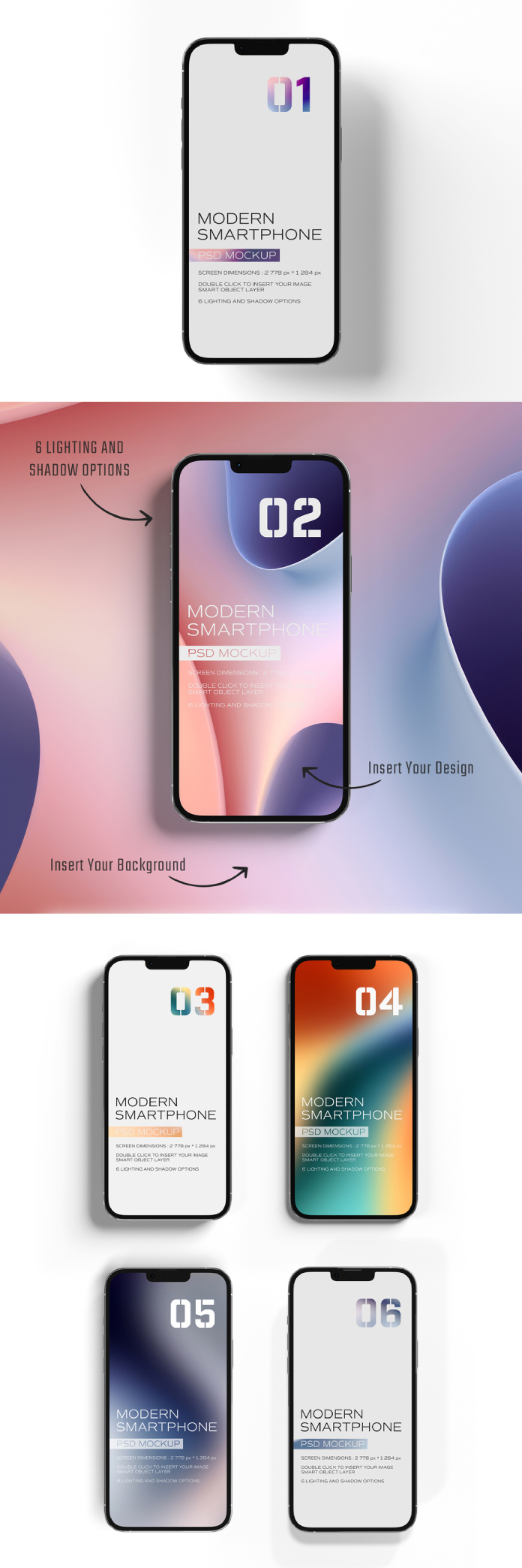 Six iPhone Mockups with Shadows