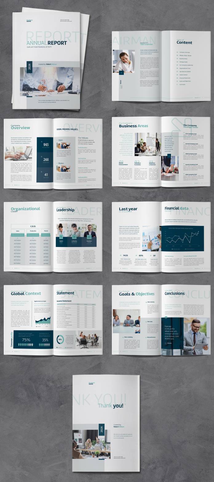 A modern and minimalist annual report brochure for Adobe InDesign.