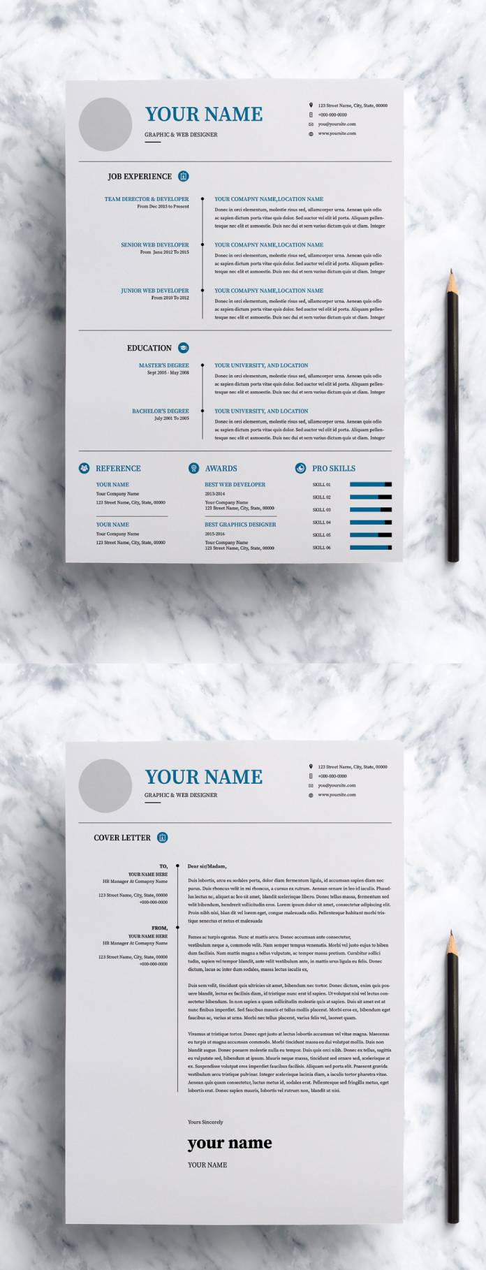 A well-structured resume and cover letter template for Adobe Photoshop.