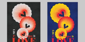 Colorful Psychedelic Poster Design Template with Groovy Hearts Pattern