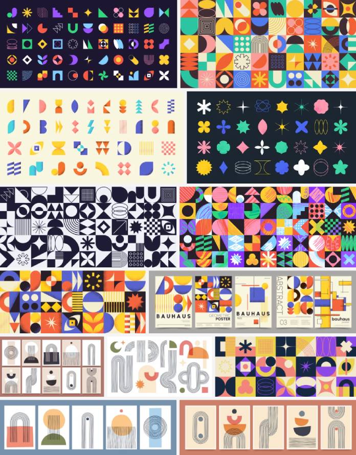 Vector graphics of brutalist shapes, abstract geometric forms, and memphis geometric design elements.
