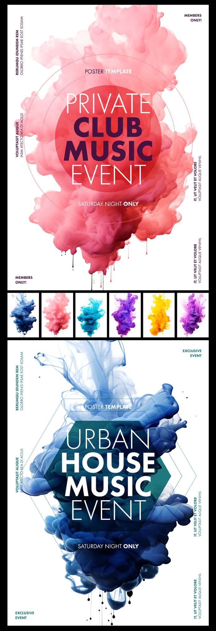 Flyer or poster design templates for parties and music events.