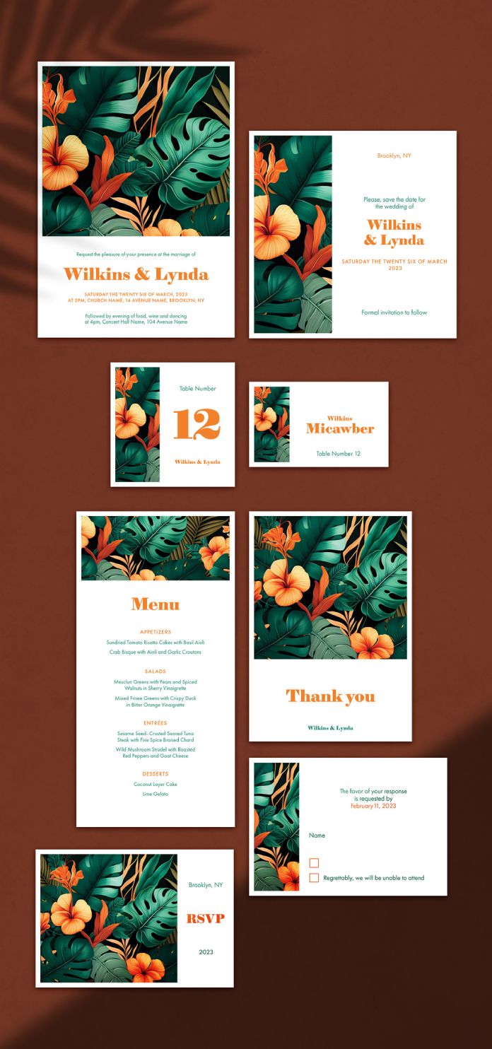 Wedding Invitation Template Suite With Tropical Pattern for Adobe Photoshop