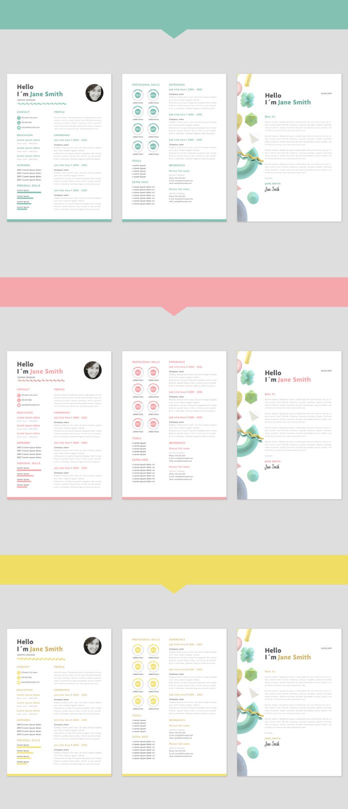 InDesign Resume and Cover Letter Set with Memphis-Style Illustrations by McLittle Stock