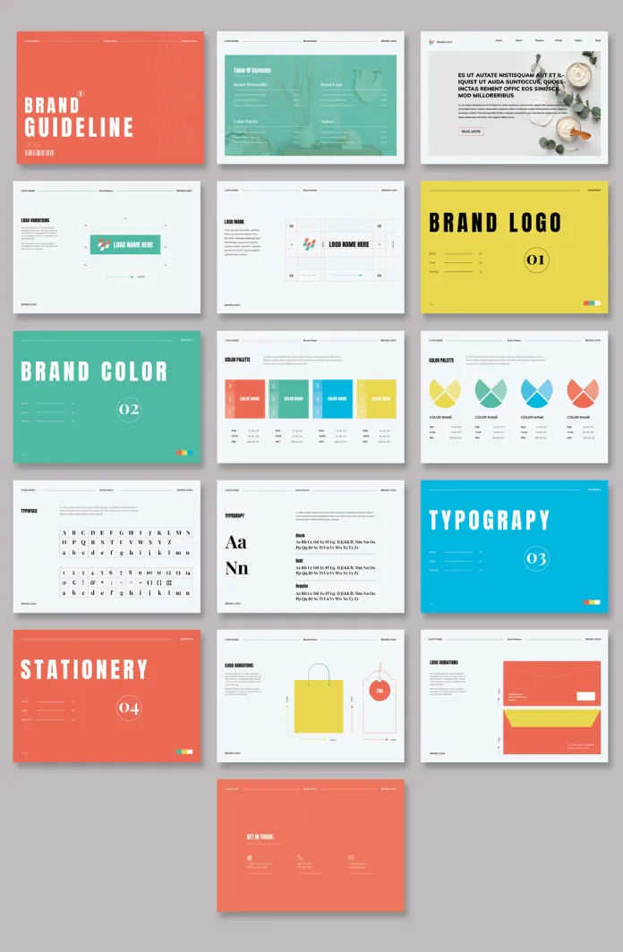 Download a modern brand guidelines template designed by GraphicArtist in Adobe InDesign