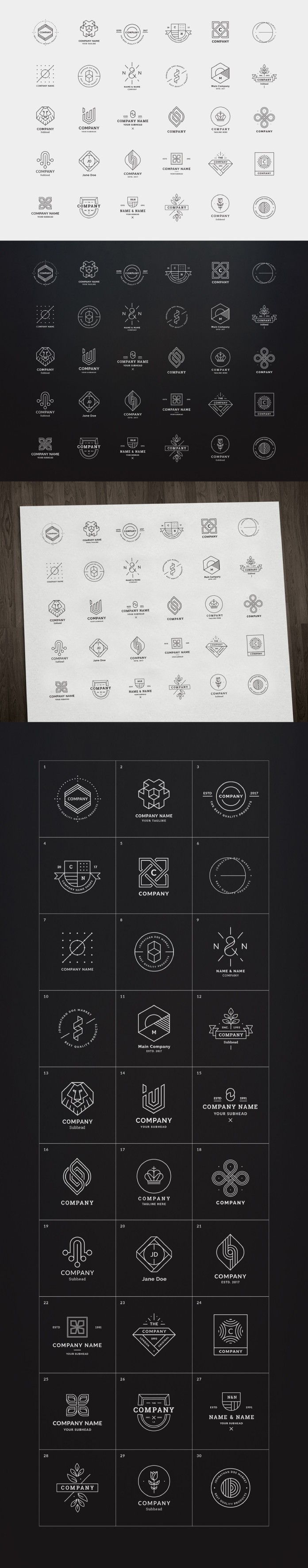Download a set of 30 fully customizable, minimalist logo templates as editable vector graphics