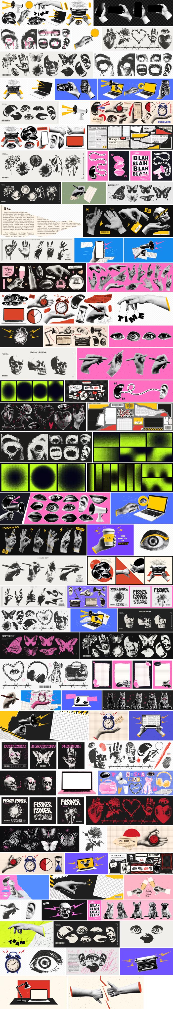 Download funky collage-like, halftone vector graphics characterized by pop art, surrealism, and vintage aesthetics