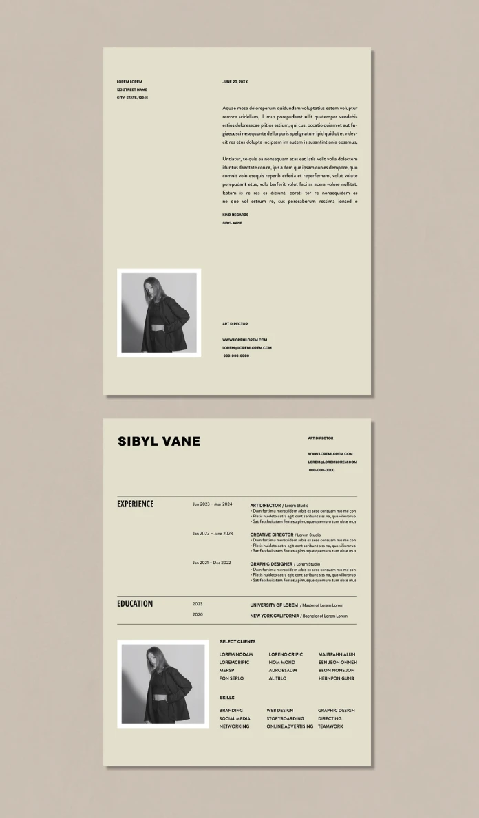 A Stylish and Minimalist Resume Template with Cover Letter and Space for a Photo