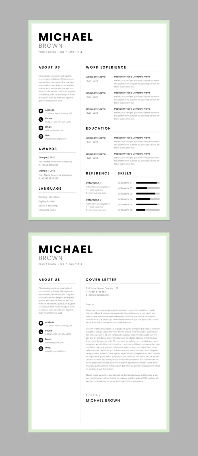 A clean and professional resume layout by PixWork for Adobe InDesign