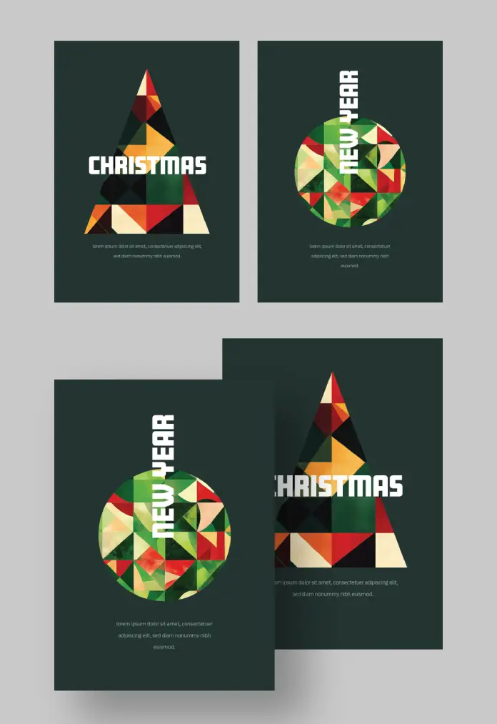Minimalist Christmas Cards with Dark Green Background and Geometrical Symbols