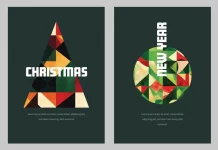 Minimalist Christmas Cards with Dark Green Background and Geometrical Symbols