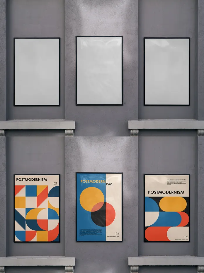 Photoshop Mockup of Three Vertical Customizable Framed Posters by Moixó Studio