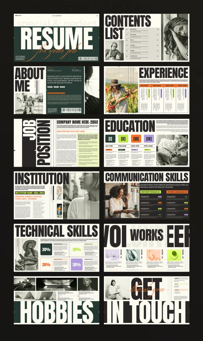 Download a Striking CV/Resume Portfolio Presentation Template Design by E-Type as a Fully Customizable Adobe InDesign Layout.