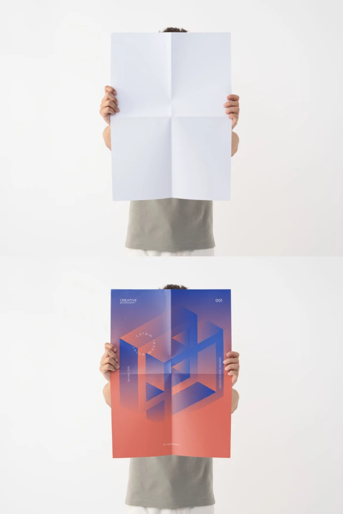 Photoshop Poster Mockup by Moixó Studio of a Man Holding an Unfolded Graphic Poster Design