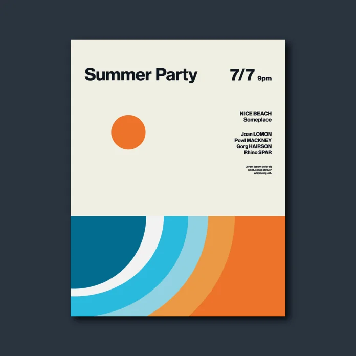 Summer party poster template with the sun over a beach in a minimalist graphic style.