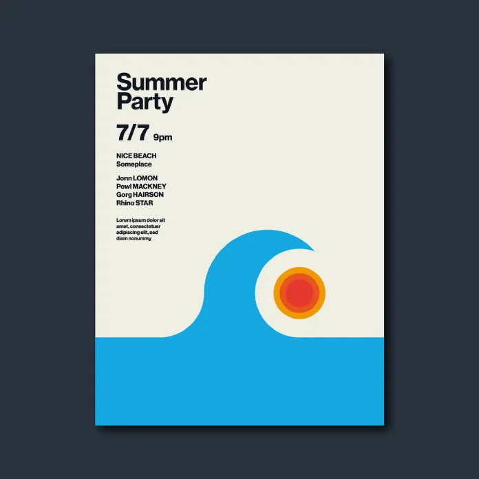 Summer party poster with sun inside a wave.