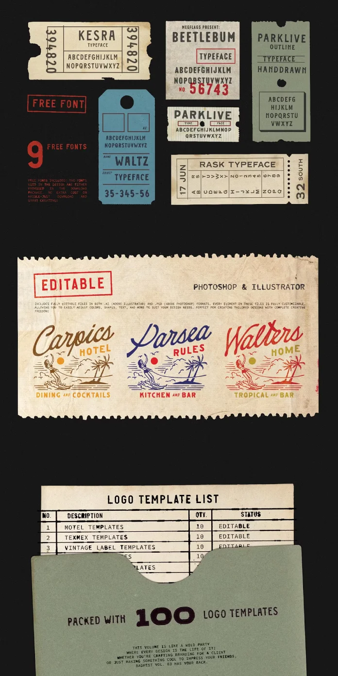 Badfest Vintage Logo Templates, 100 Logos by Megflags for Adobe Photoshop and Illustrator.