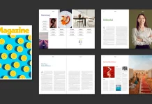 A colorful, fully customizable print magazine layout by Tom Sarraipo for Adobe InDesign.