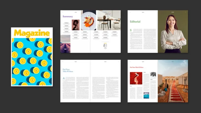 A colorful, fully customizable print magazine layout by Tom Sarraipo for Adobe InDesign.